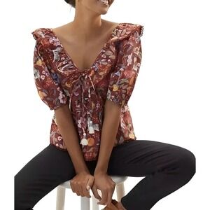 MAEVE ANTHROPOLOGIE Sz S Safari Animal Print Smocked Back Ruffle Tassel Top‎